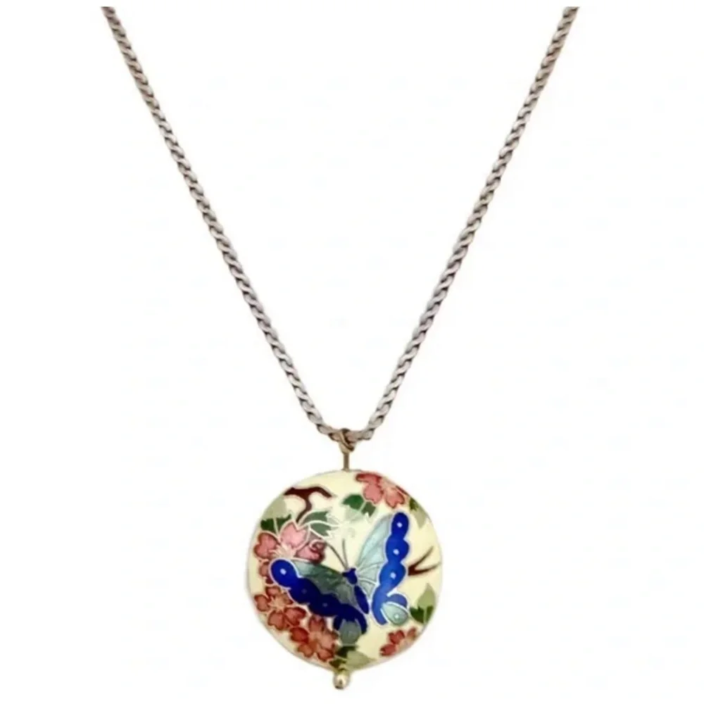 BOHEMIAN • Butterfly Flower Vintage Ceramic Necklace - Picture 3 of 6